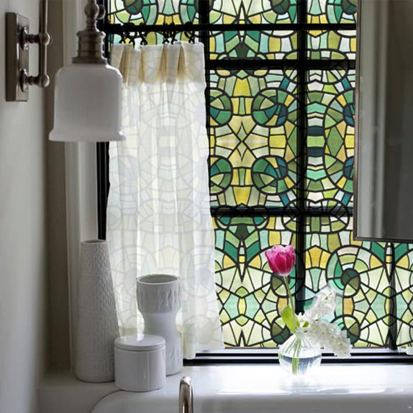 funlife Original HandDrawn Faux Stained Glass Window Film DoubleSided Static Cling Window Cling Suitable for Entryway Reusable Glass Windows Door Decor Green Glass Mosaic 118x118