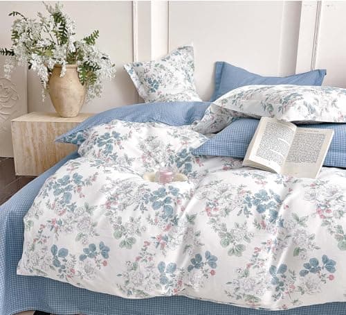 ALEISSEL French Country 100 Natural Cotton Duvet Cover Sets 3Pcs Delicate Pastel Floral Print on White with Soft Blue Mini Check Reverse Neutral Bedding Set with Button ClosureKing10490