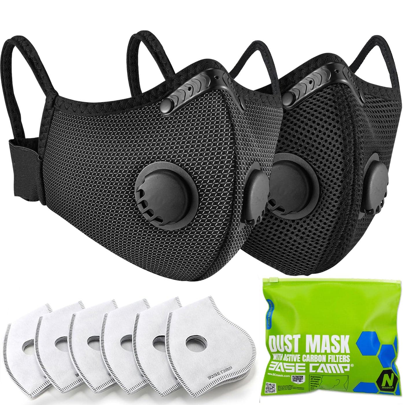 BASE CAMP Silver and Black Upgrade M Plus Dust Mask, Reusable Respirator Face Mask with 6 Activated Carbon Filters, Safety Work Masks for Woodworking, Construction, Yard Lawn Paint, Dust