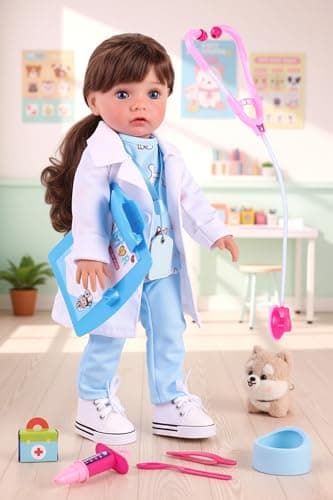 BABESIDE American Realistic Baby Doll Girl 16Inch Vet Play Set Dolls with Long Brown Ponytail Complete Toy Accessories for 5 6 7 8 9 10 11 12 Years Girl Birthday Gifts Pretend Play Christmas