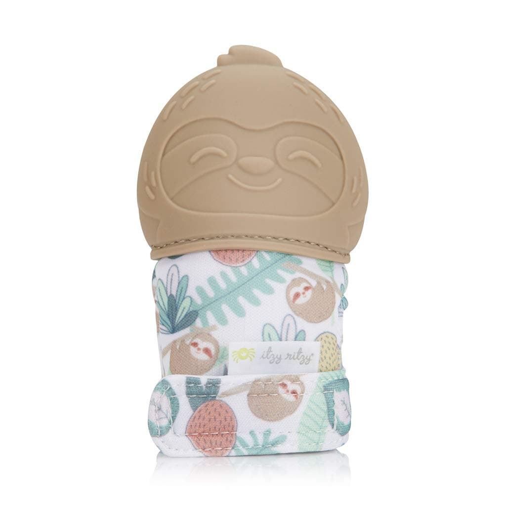 Itzy Ritzy Silicone Teething Mitt Soothing Infant Teething Mitten with Adjustable Strap Crinkle Sound Textured Silicone to Soothe Sore Swollen Gums for Ages 3 Months Up Sloth
