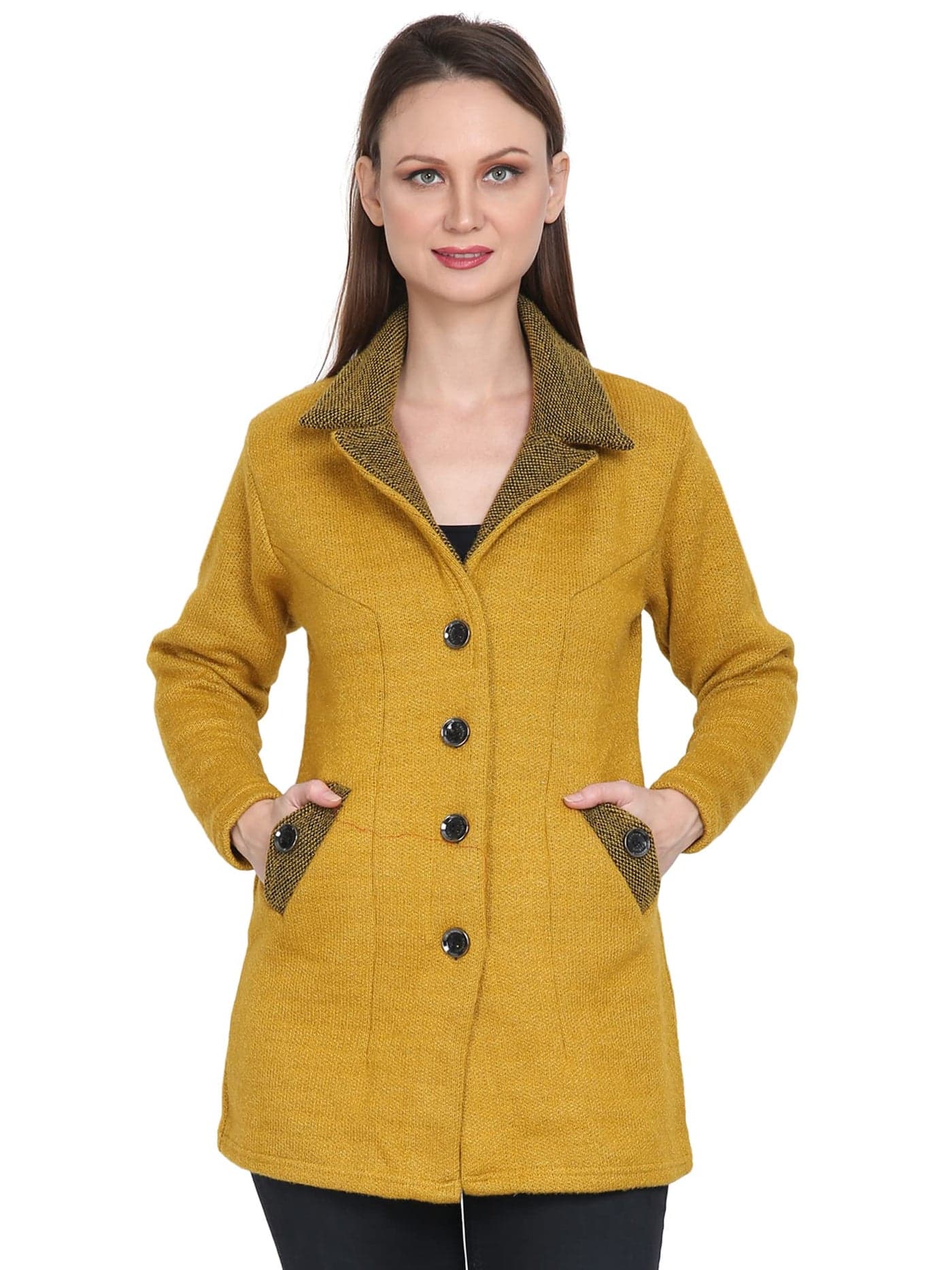 Matelco Womens Woollen Collared Coat Cardigan (IN, Alpha, XL, Mustard Yellow)