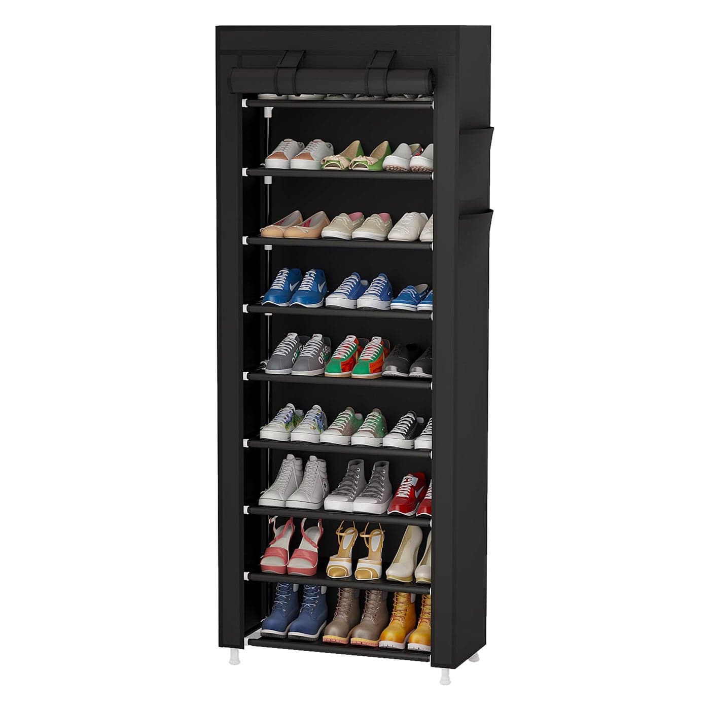 Calmootey 9 Tier Shoe Rack OrganizerPortable Shoe Shelf with Nonwoven Fabric Cover for Closet HallwayBedroomEntrywayBlack