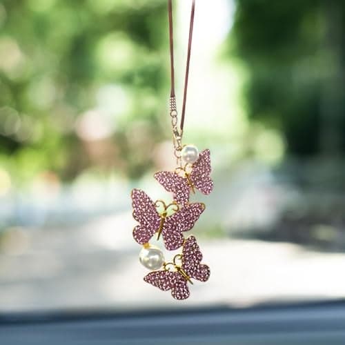 UHANBUT Bling Butterfly Diamond Car Hanging Accessories Lucky Rhinestone Crystal Car Rear View Mirror Charm Decoration for Women Cute Interior Ornament Pendant Accessories for Cars Pink