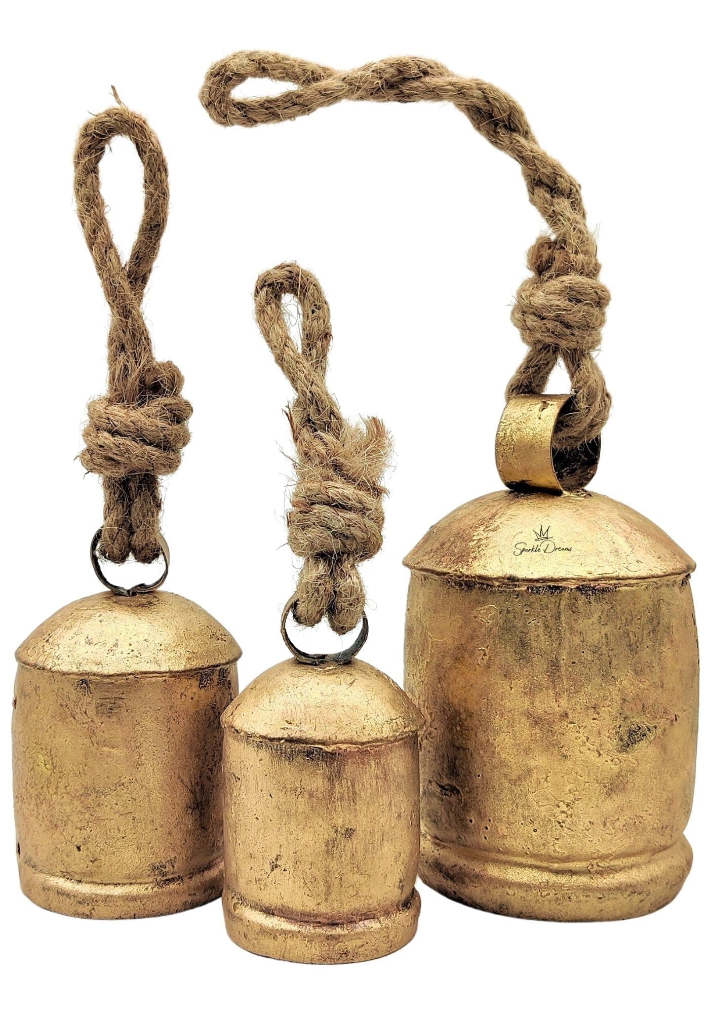 Sparkle Dreams Shabby Chic Vintage Country Style Rustic Metal Bells Set of 3 Hanging Harmony Giant Cow Bells on Rope