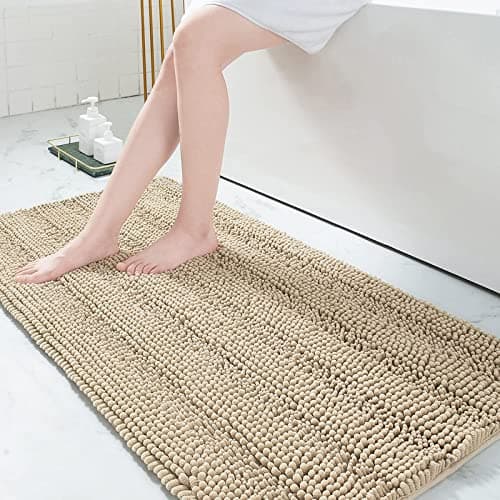 Grandaily Chenille Striped Bathroom Rugs 60x24 Extra Thick and Absorbent Bath Rugs NonSlip Soft Plush Shaggy Bath Carpet Machine Wash Dry Bath Mats for Bathroom Beige