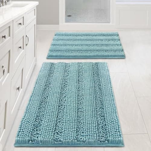 HVERSAILTEX Extra Thick Chenille Striped Pattern Bath Rugs for Bathroom Non Slip Soft Plush Shaggy Mats for Floor Indoor Entryway Aqua Haze 32 x 20 Plus 24 x 17 Inches