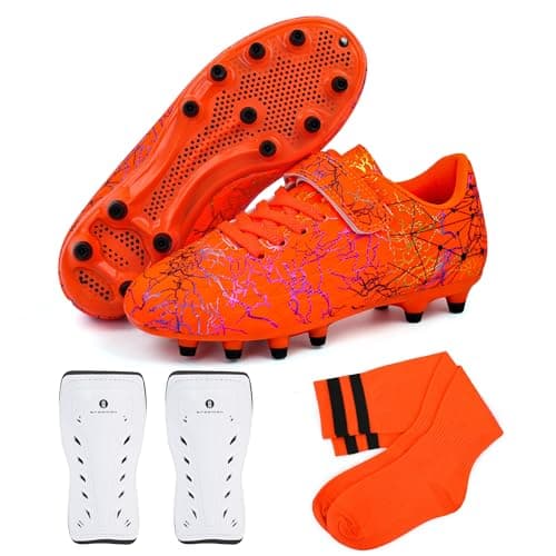 brooman Kids Firm Ground Soccer Cleats Girls Football Cleats with Shin Guards and Soccer Socks (8,Orange)