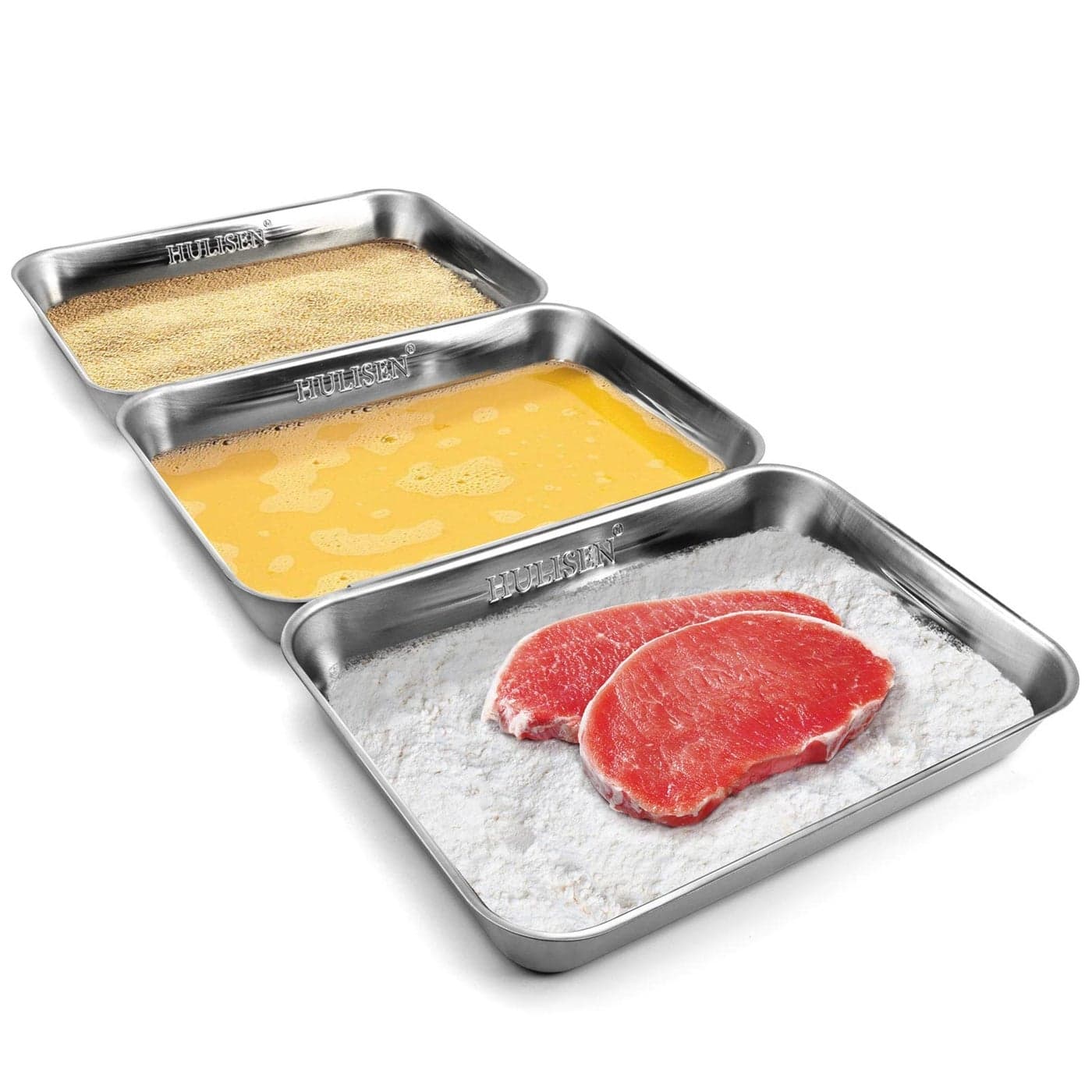 HULISEN Breading Trays Set of 3 Large Stainless Steel Breading Pans for Dredging Chicken Breasts and Marinating Meat Interlocking Food Prep Trays for Coating Fish and Breadcrumb Dishes Oven Safe