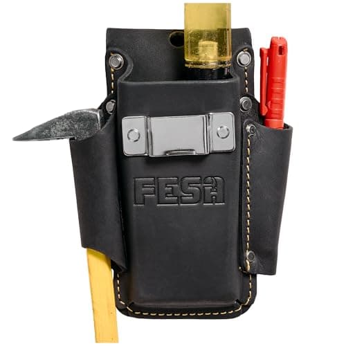 FESA Small Leather Tool Pouch 4in1 Heavy Top Grain Leather Small Tool Pouch with a Steel Tape Measure Clip 3 Pockets Reinforced Heavy Duty Rivets Fits Belts up to 3 Handcrafted Black