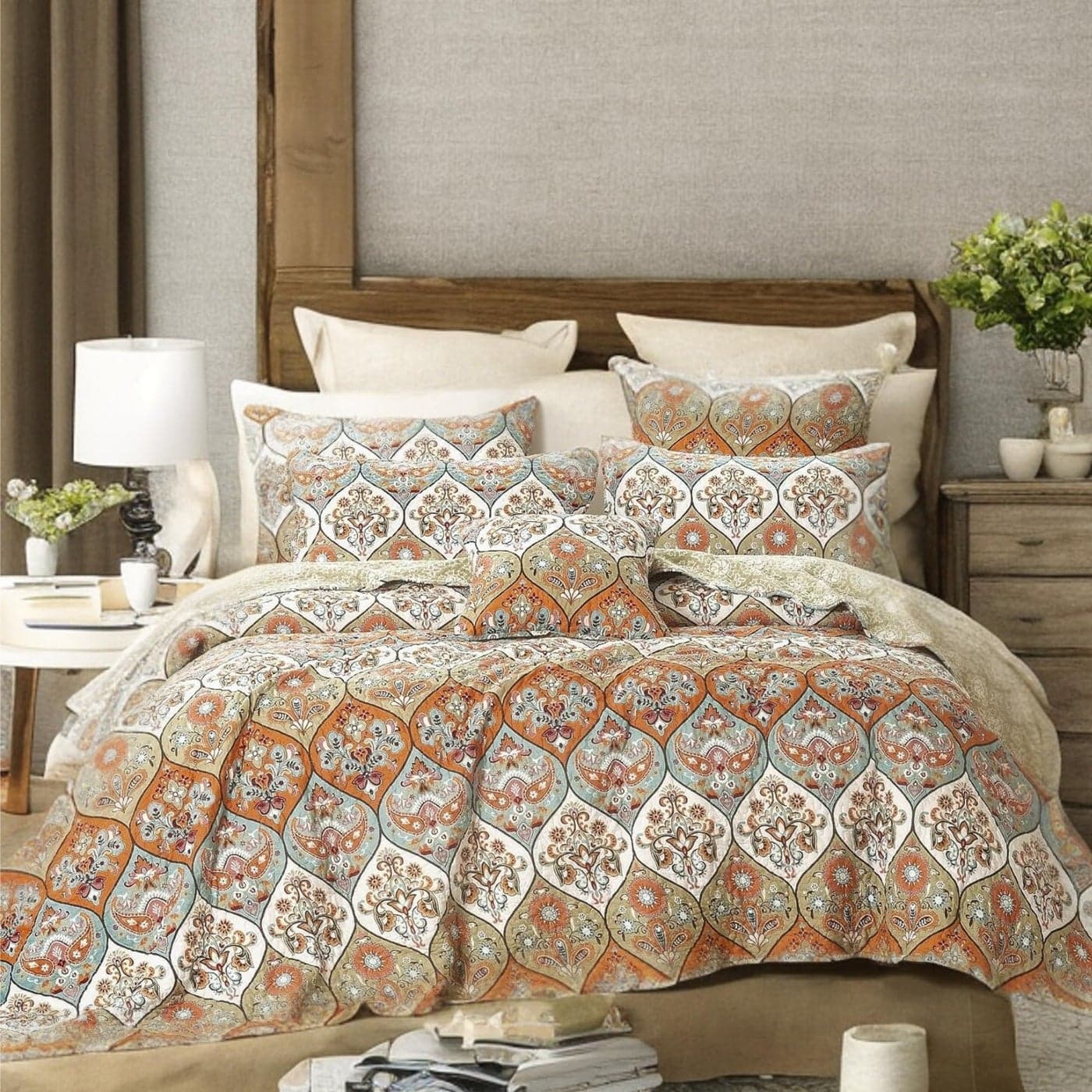 DaDa Bedding Bohemian Bedspread Set Coral Floral Paisley Garden Party Reversible Coverlet Bright Vibrant MultiColorful Blue Salmon Pink King 3Pieces