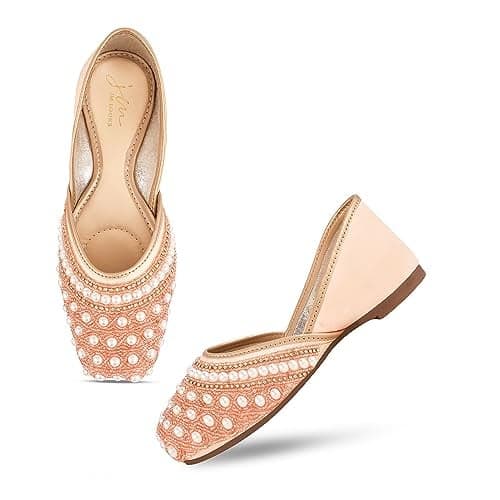 JM LOOKS Stylish Embroidered Jutti For Women/Girls | Embellished Stone Work Jutti | Wedding Bellies | Women Ethnic Shoe Traditional Mojari | Kolhapuri/Jaipuri/Punjabi Jutties | (Peach, 36)