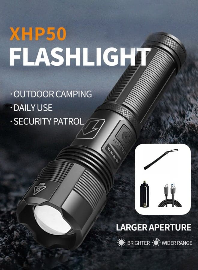XHP50 LED Flashlight - IP67 Waterproof u0026 5000mAh Battery Zoomable 1000m Beam with 3 Modes (White/Red/Green) Type-C Charging u0026 Battery% Display - Outdoor Camping/Hiking/Emergency