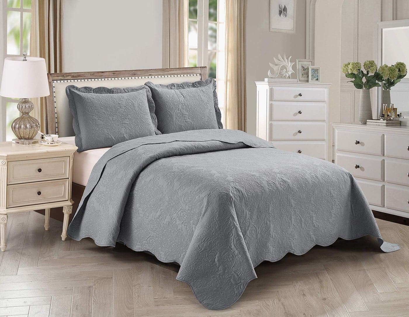 Home Collection 3pc FullQueen Over Size Elegant Embossed Bedspread Set Light Weight Solid Light Grey New Stacy