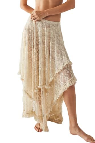 R.Vivimos Women Lace Long Skirts Summer Elastic Asymmetrical Layered Hem Sexy See-Through Beach Floral Maxi Skirts (X-Large, Beige)