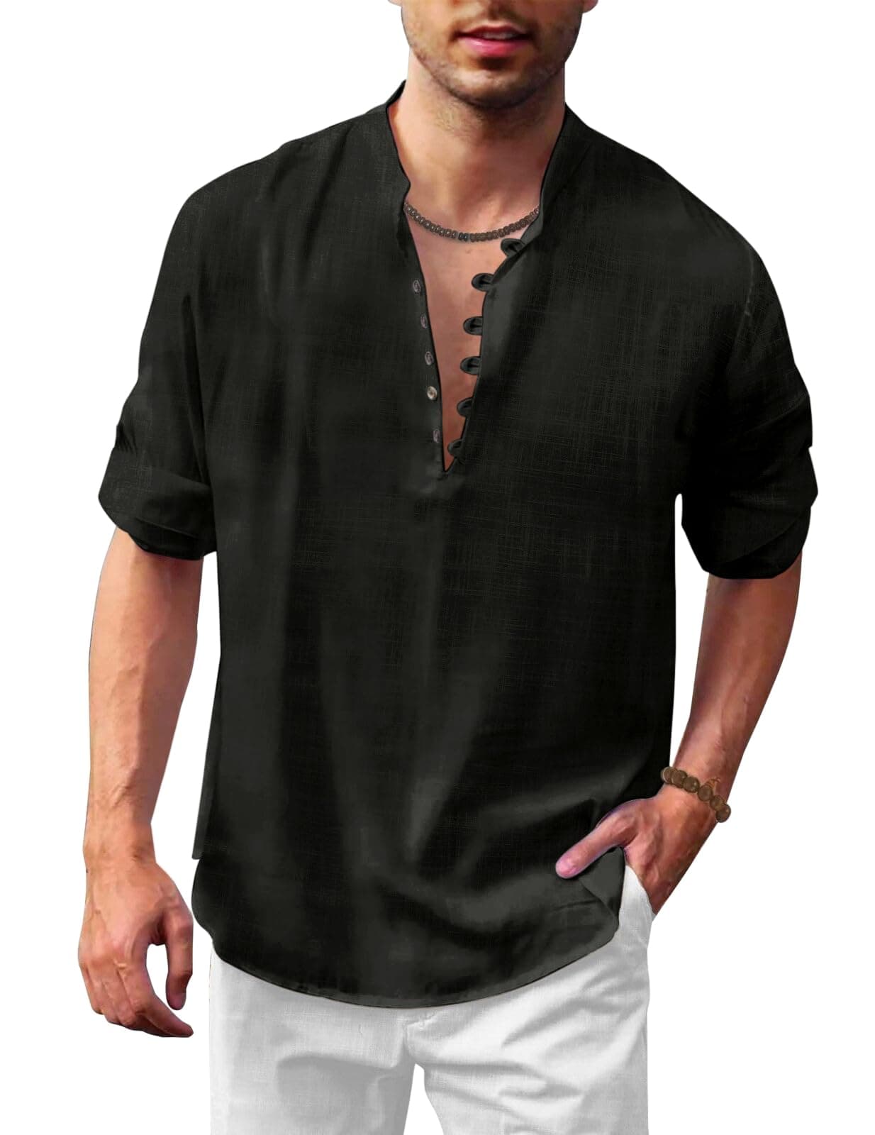 FINIVO FASHION Men's Solid Cotton Blend Regular Fit Full Sleeve Straight Kurta Shirt (in, Alpha, L, Regular, Black)