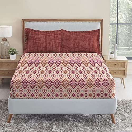 MYTRIDENT Urban Comfort Bedsheet for Double Bed, 144 TC, 100% Cotton Bedsheet with 2 Pillow Covers, Queen Size 228 cm x 254 cm, Aria Red