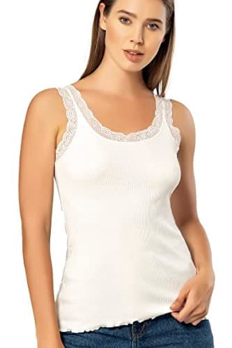 VAVONNE Lace Camisole Tank Tops for Women, Soft Stretch Ribbed Cotton Cami Shirt (Ivory/Cream,X-Large)