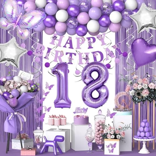 18th Purple Birthday Decorations for Girls Purple Pink 18th Birthday Decorations Butterfly Theme Lavender Party Decor Set with Number Balloons Banner Sash Butterfly Stickers