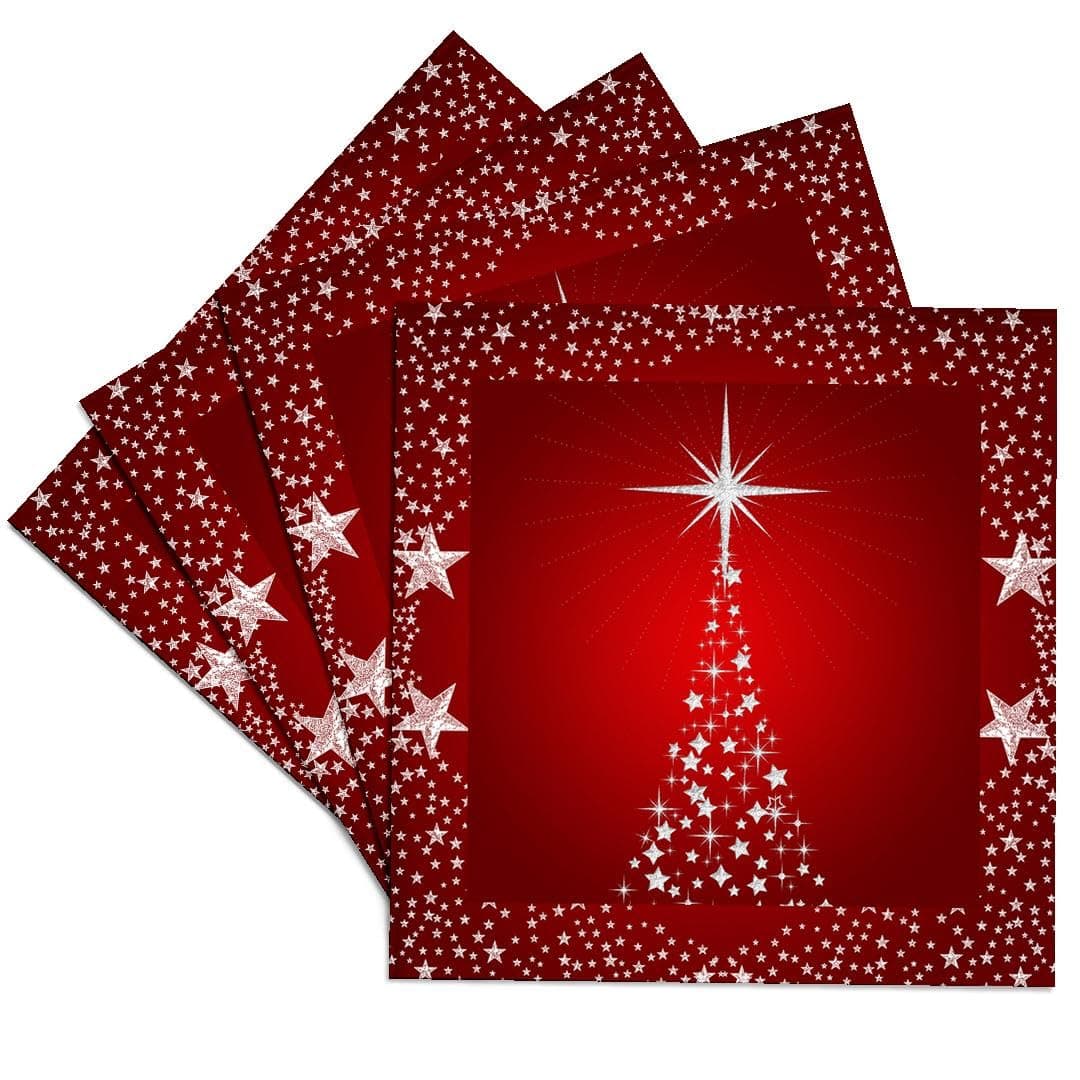 3dRose CST_164753_3 Silver Star Christmas Tree with Holiday Red Background Ceramic Tile Coasters Set of 4