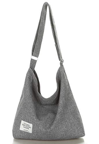 Covelin Women's Retro Large Size Canvas Shoulder Bag Hobo Crossbody Handbag Casual Tote Light Grey