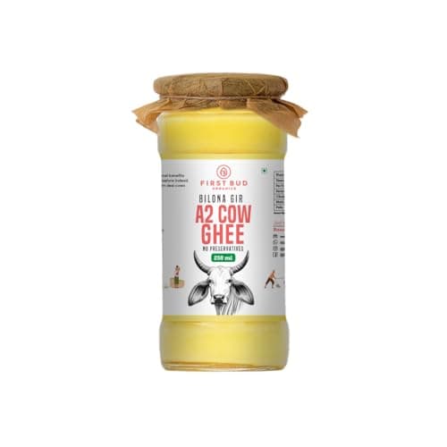 First Bud Organics Bilona Gir A2 Desi ghee 100% Fresh Pure Desi Ghee Organic Non-GMO Cow Ghee-Made Using Traditional Bilona Gir Method - Glass jar pack 250 ML