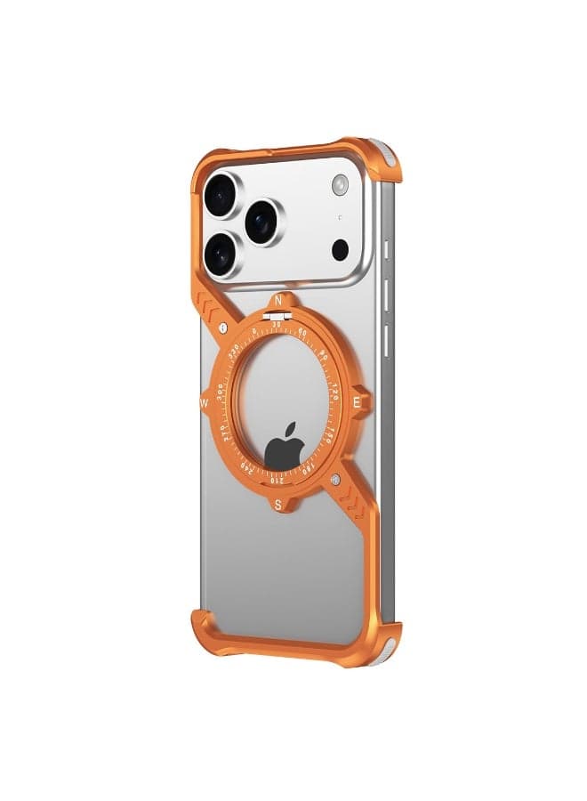 S-shaped case for iPhone 17 Pro, frameless aluminum with 360° rotating kickstand, MagSafe compatible shock protection case