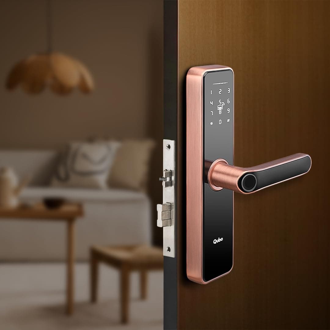 QUBO Smart Door Lock Essential from Hero Group 6Way Unlocking Fingerprint OTP Remote Unlocking PIN RFID Access Card Mobile App Mechanical Key 1 Year OnSite Brand Warranty Copper