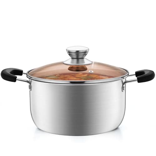4 Quart Stock Pot with Lid, P&P CHEF Stainless Steel Cooking Pot Stockpot for Soup and Pasta, Heat-proof Handle & Glass Lid, Dishwasher Safe & Non Toxic