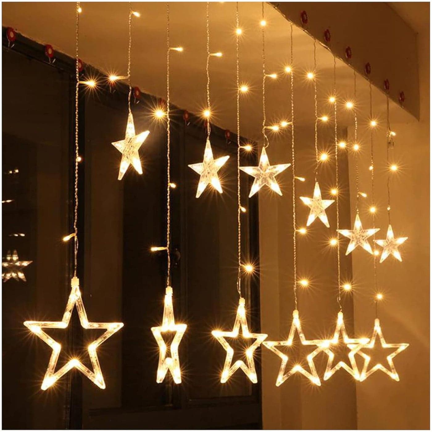 One94Store 12 Stars 138 Led Curtain String Lights Window Curtain Lights With 8 Flashing Modes Decoration For DiwaliChristmasWeddingHomePatio Lawn Warm White3 Meters138 LedStarCopperPack Of 1