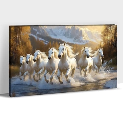 ANRUOXI Horse Pictures Wall Decor, 7 Running Horses Wall Art Vastu With Frame, Horse Posters Canvas Wall Art, Seven Horses Running Painting Vastu Shastra for Living Room Office Ready To Hang 12x18''
