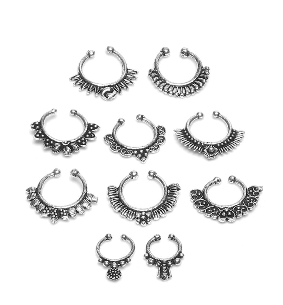 YouBella Fashion Jewellery Oxidised Silver Nose Pin/Nose Clip/Nose Ring Set Of 10 For Girls And Women (YB_Nosepin_4) (Silver)