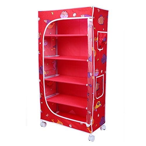 Little One's Alloy Steel | 5 Shelves Baby Foldable Wardrobe | Aquatic Red (Made In India)