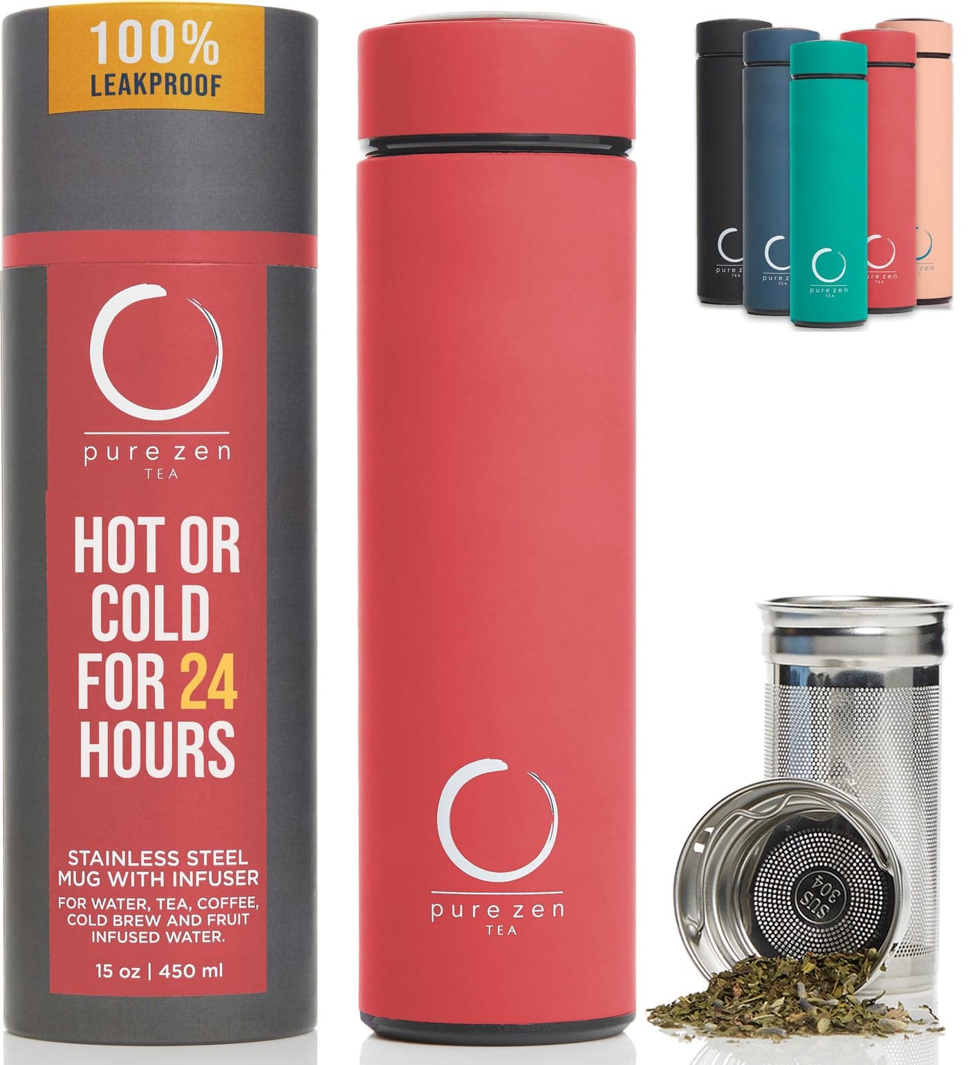 Pure Zen Tea Thermos with Infuser for Hot and Cold Infusions - Stainless Steel - Tea Infuser Bottle - Leakproof Travel Mug with Filter - 15oz - Red