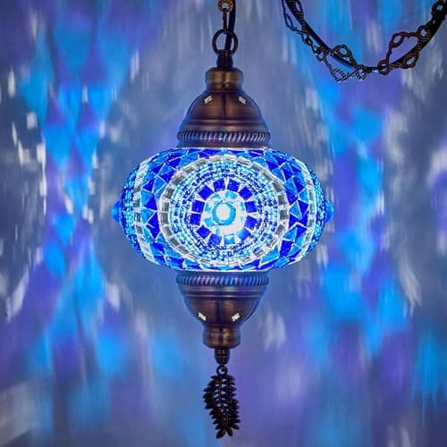 DEMMEX Plug in Pendant Light Turkish Moroccan Mosaic Ceiling Hanging Pendant Light Fixture Lamp 65 Shade 15ft Thick Leaf Type Metal Chains Cord Plug Blue