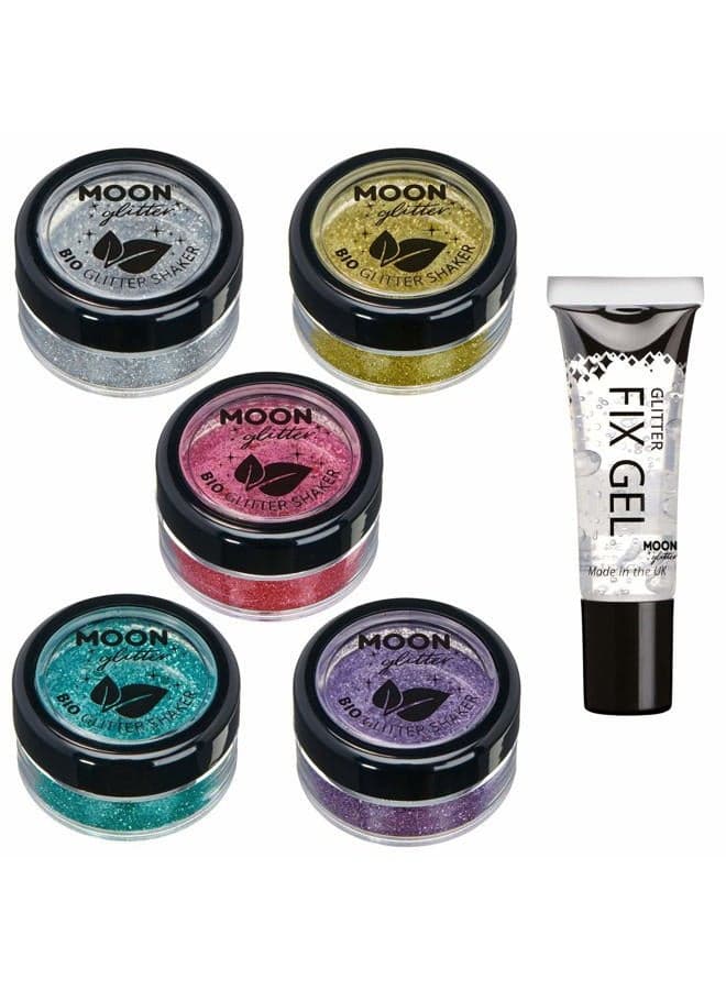 Biodegradable Eco Shakers - 100% Cosmetic Bio for Face, Body, Nails, Hair and Lips - 5g - Set of 5 - plus Fix Gel