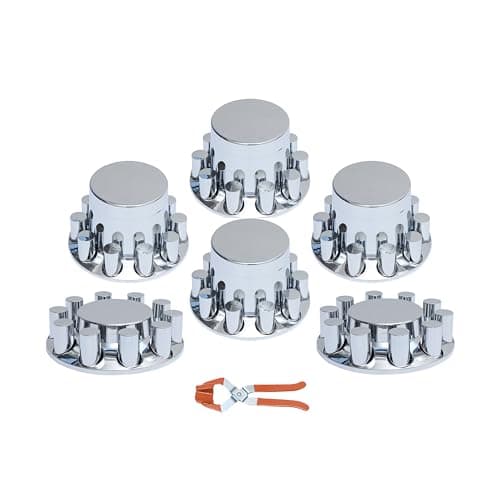 33mm Chrome ABS Plastic Axle Cover Combo Kit Thread On Lug Nut Covers with 2 Front and 4 Rear Axle Wheel Cover Removable Hub Caps for Semi Trucks Flat Top