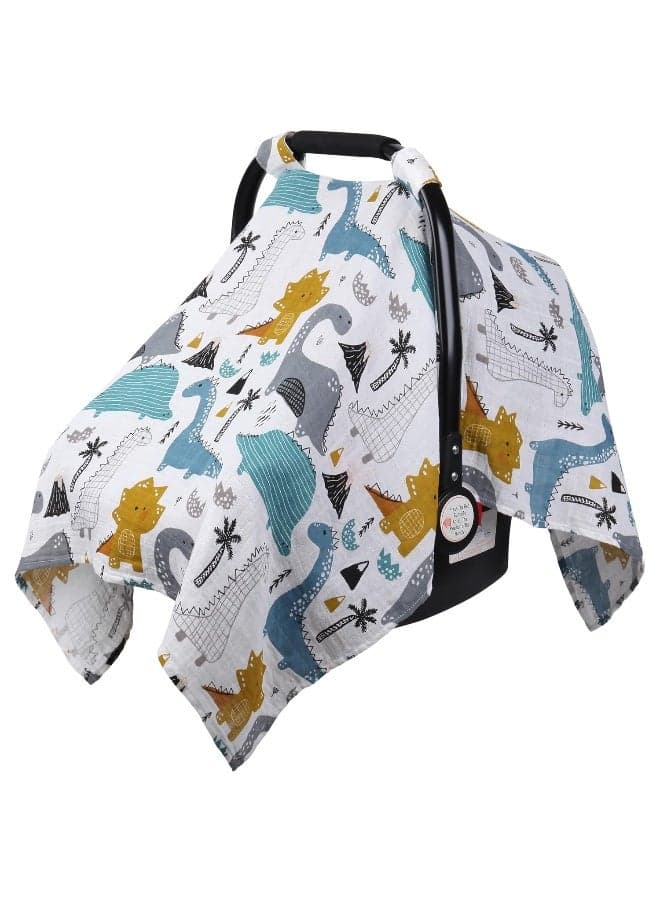 Rquite Dinosaurs Carseat Cover - Muslin Cotton Infant Car Seat Canopy, Breathable Baby Carrier Cover, Summer Stroller Sun Shade