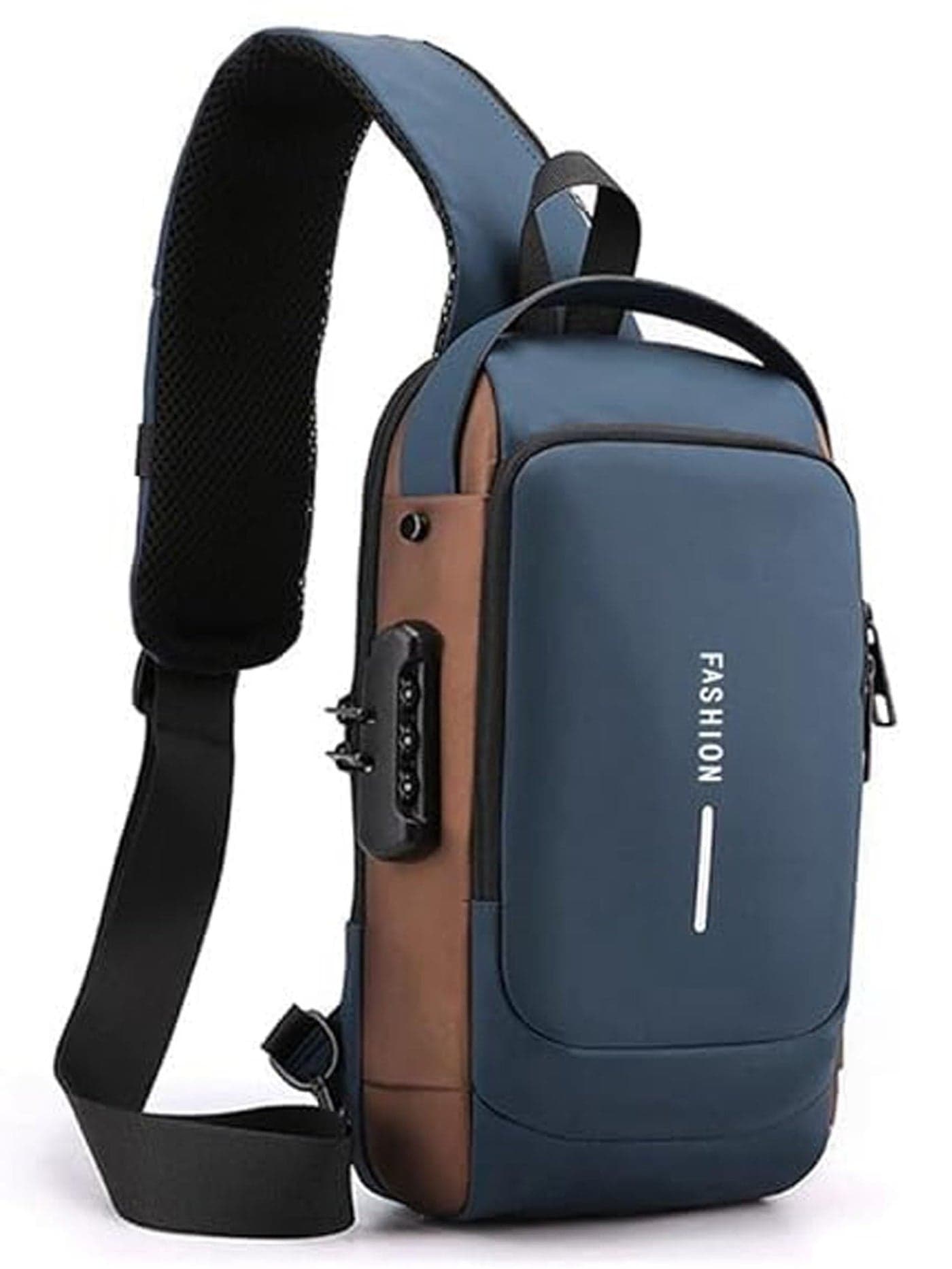 Comfabie PU Leather Bag, Anti-Theft Sling Backpack with USB Charging Port, Single Shoulder Bag, Crossbody Chest Bag for Men, Women, Waterproof, Travel Shoulder Sling Bags (Blue_Golden)
