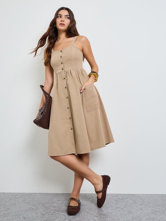 Styli Beige Button Front Midi Dress with Patch Pocket — M