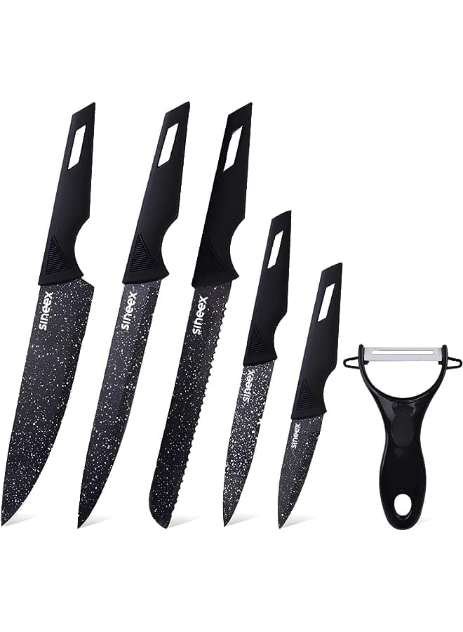 6Pcs Chef Kitchen Knife Set, Wheat Spot Stainless Steel Kitchen Knives w/Vegetable Peeler, Non-stick Sharp Blades w/Safe & Sturdy Handles for Slicing Dicing Chopping Paring Cutting (Black)