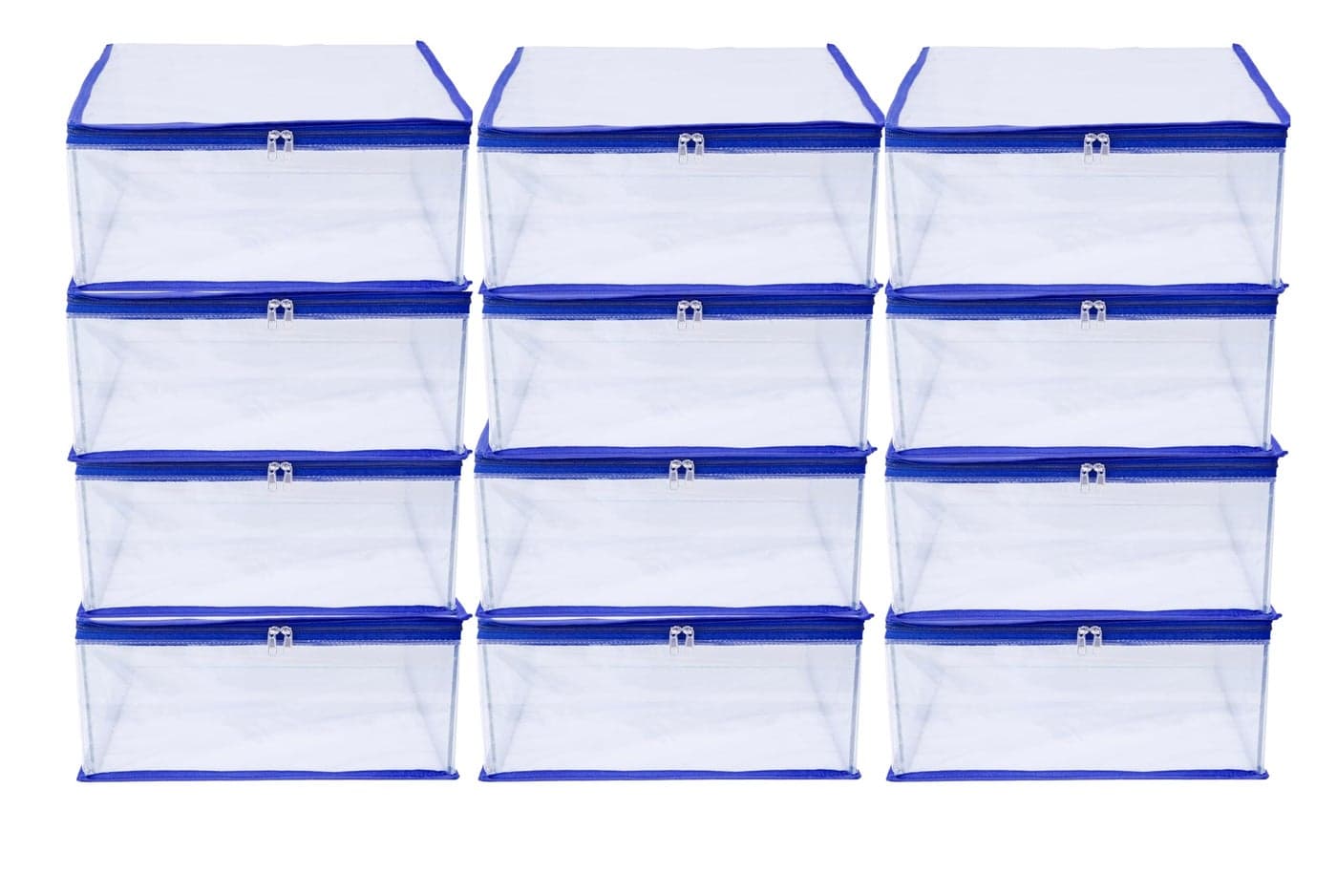MBW Clothes Organiser for Wardrobe, Saree Covers with zip, Saree Organizer for Wardrobe, Clothes Storage Bag, Saree Bags Storage, Saree Covers for Storage, Transparent (Navy Blue - Pack of 12)