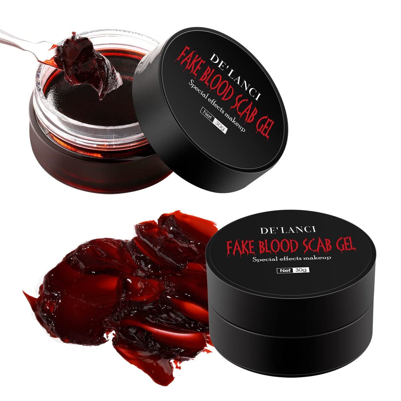 DE'LANCI Fake Blood Scab, 2 Pcs Coagulated Blood Gel Washable, Realistic Scar Blood Halloween SFX Makeup on the Face/Body, Prefect Zombie Vampire Monster Cosplay Stage Blood Clothes - 60g (2.12 oz)