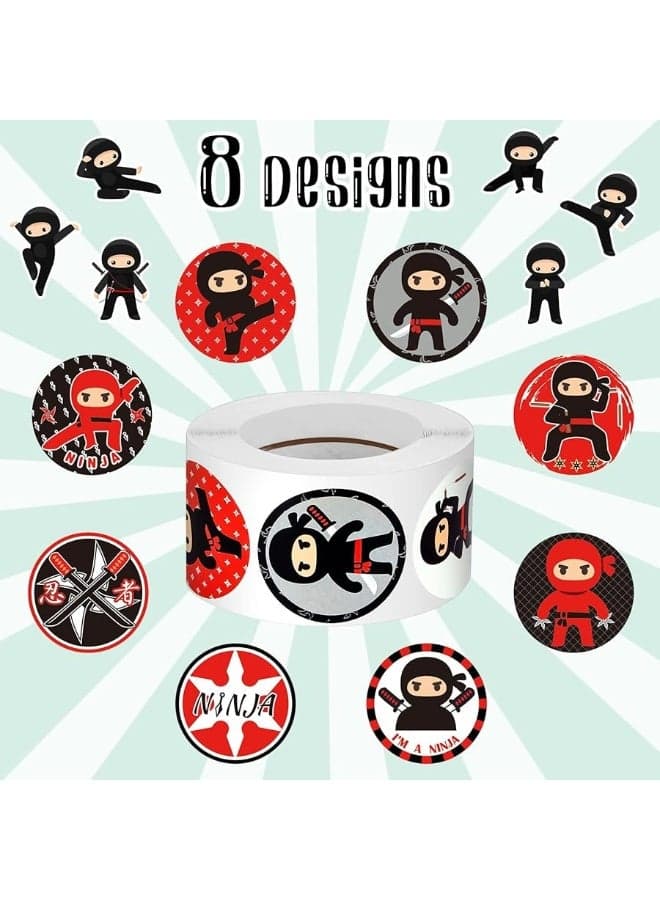 Leinuosen 500 Pcs Ninja Stickers Ninja Party Favors Warrior Ninja Themed Sticker Roll Round Ninja Sticker Vinyl Karate Sticker for Kids Teens Birthday Party Supplies, 1.5 Inch, One Roll, Red and Black