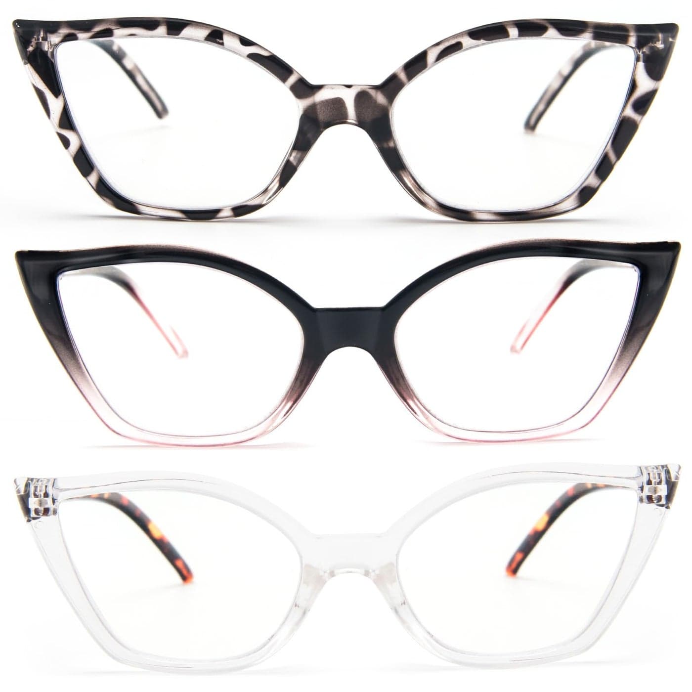 DXYXYO Cat Eye Reading Glasses 175 for Women 3 Pack Anti Blue Light Computer Readers Stylish Retro with Spring Hinge Demiblack pinkclear