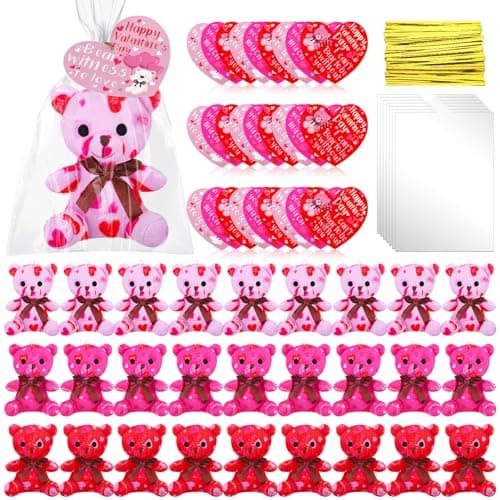 Poen 18 Pack Valentines Day Bears Bulk with Heart Cards Mini Valentine Stuffed Animal with Heart Pattern Bears Toys Keychains for Kids Boy Girl Classroom Prize Goodie Bag Stuffers Party Favor