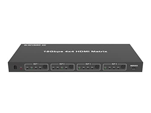 Monoprice Blackbird 4K 4x4 HDMI Matrix, 18G, 4K@60Hz, YCbCr 4:4:4, EDID, 4K to 1080p Downscaler, IR, HDR, HDR10, HDR10+, and Dolby Vision Passthrough