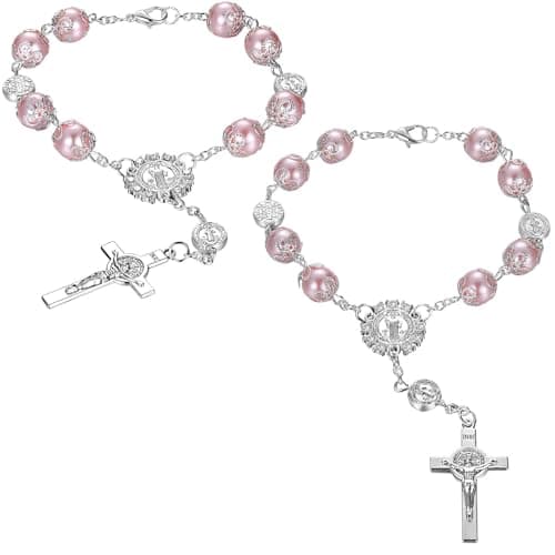 Frienda 2 Pcs Car Rosary for Rearview Mirror Saint Benedict Cross Car Mirror Hanger Rearview Auto Rosary Hanging Catholic Medal for Truck Bike Motorcycle Accessories DecorsPink