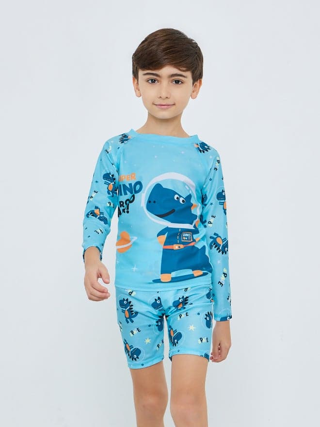 Kids Blue Dinosaur Print Swimsuit Set