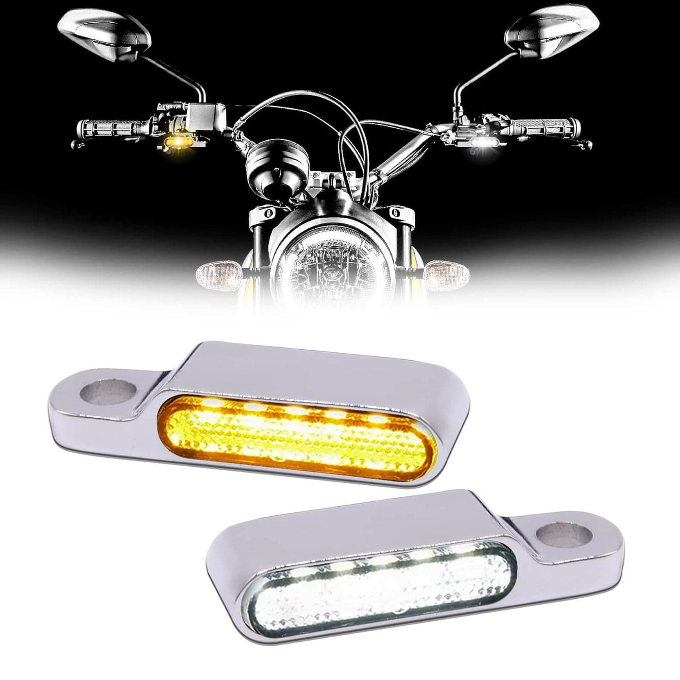 DREAMIZER Universal Motorcycle Handlebar LED Flowing Water Turn Signal Mini Blinkers Front Running light Compatible with Harley Honda Yamaha Kawasaki Cafe Racer Cruiser Street Bikes Chrome